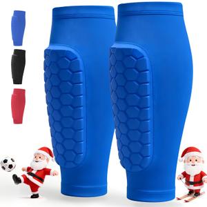 Soccer Shin Guards for Kids Youth Adults - 1-Pair Soccer Shin Defender with Honeycomb Compression Sleeves for Ski, Football, Baseball, MTB & Kickboxing 4-6 6-8 8-10 10-12 (3 Colors) (Small, Blue)