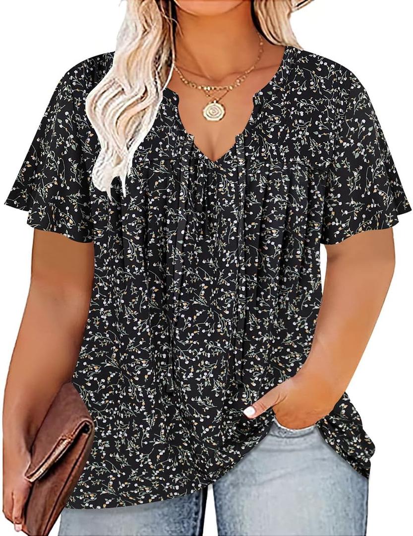 RITERA Plus Size Blouse for Women V Neck Short Sleeve Tops Pullover Flower Pattern Shirts Oversize Tunic 12W-28W Xl-5Xl (1X, Y311-black Flower2,3XL)