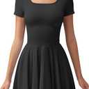 OQQ Women's Square Neck Ruffle Hem Mini Dress Summer Short Sleeve with Shorts Party Dresses (Medium, Black)