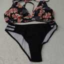 Fanuerg Women's Sexy V Neck Bikini Sets Hollow Out Two Piece Swimsuits Cutout Mid Waist Bathing Suit (Medium, Black Floral)