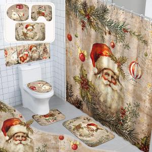 8 Pcs Christmas Shower Curtain Set Xmas Santa Bathroom Decoration Christmas Tree Hand Towels Snowman Toilet Lid Cover Bathroom Rugs Xmas Shower Curtain with Hooks(Santa Claus Style)