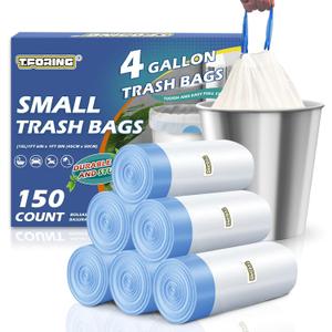 150 Count 4 Gallon Trash Bags Drawstring - 1.1 Mil Heavy Duty Small Garbage Bags Unscented for Bathroom, 15 Liter Thick Plastic Wastebasket Liners for Toilet Office and Bedroom