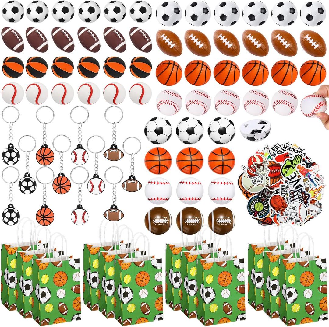 Aoriher 200 Pcs Sport Party Favors Set, Sport Party Gift Bag Fillers Foam Sports Balls Keychains Sticker Eraser Pull Back Cars for Baseball Basketball Football Soccer Birthday Gift(Sports Balls)