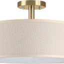 3 Light 12 Inch Semi Flush Mount Close to Ceiling Light Fixture,Off White Fabric Shade Gold Finish for Bedroom,Living Room,Dining Room Hallway