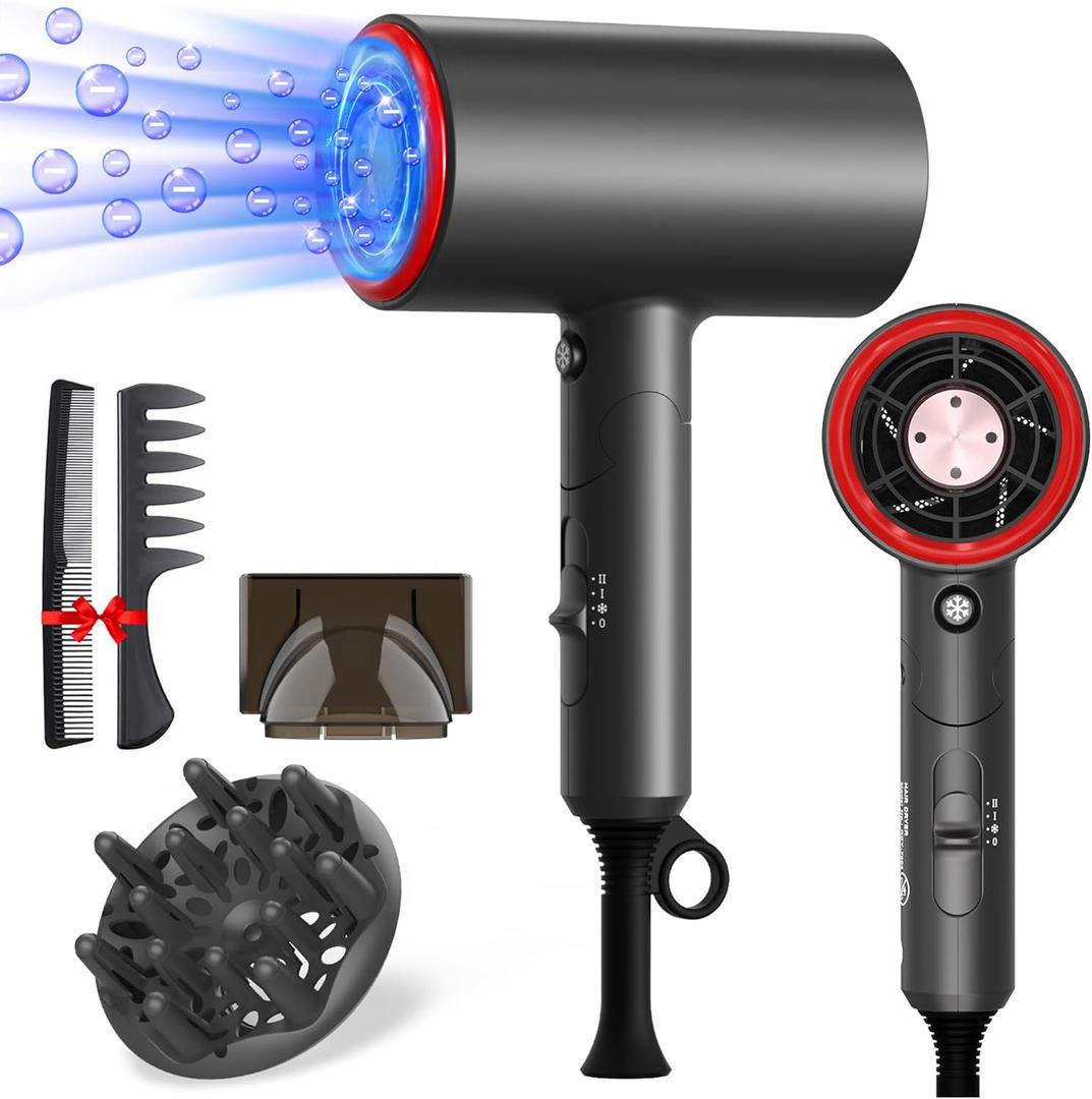 Hair Dryer, 1800W Professional Blow Dryer with Ions Diffuser, Fast Drying, Portable Hair Dryer for Women Men, Low Noise, 3 Wind Speed, Includes Concentrator and Diffuser, Gray