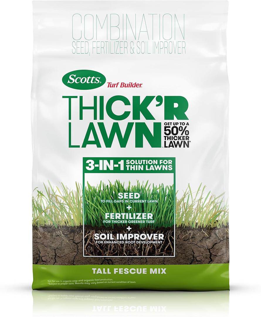 Scotts Turf Builder Thick'R Lawn Tall Fescue Mix - Combination Grass Seed, Lawn Fertilizer and Soil Improver, Thickens Thin Grass, Covers 4,000 sq. ft, 40 lb. (EXP 02/01/29)