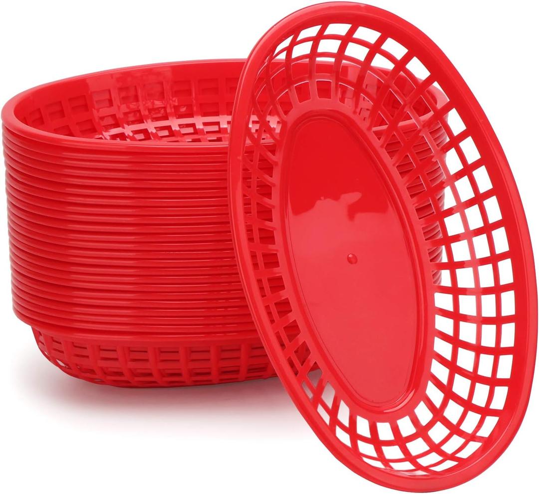 EUSOAR 9.4in x 5.9in Red Oval Plastic Food Serving Baskets, 24pcs Reusable Microwave & Dishwasher Safe, Great for Burger, Fries, Sandwiches
