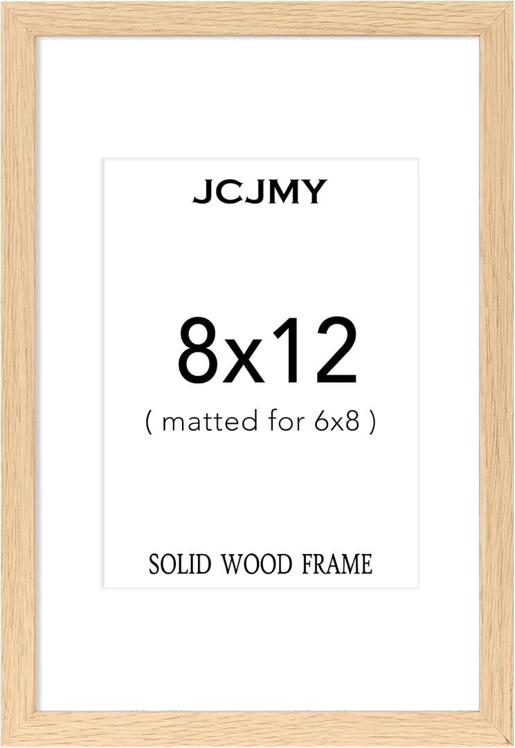 JCJMY 8x12 Solid Wood Picture Frame, Display 6x8 with Mat or 8 x 12 without Mat, Wooden 8 by 12 Photo Frame with Shatter Resistant Plexiglass for Wall Hanging or Tabletop, 1 Pack, Natural