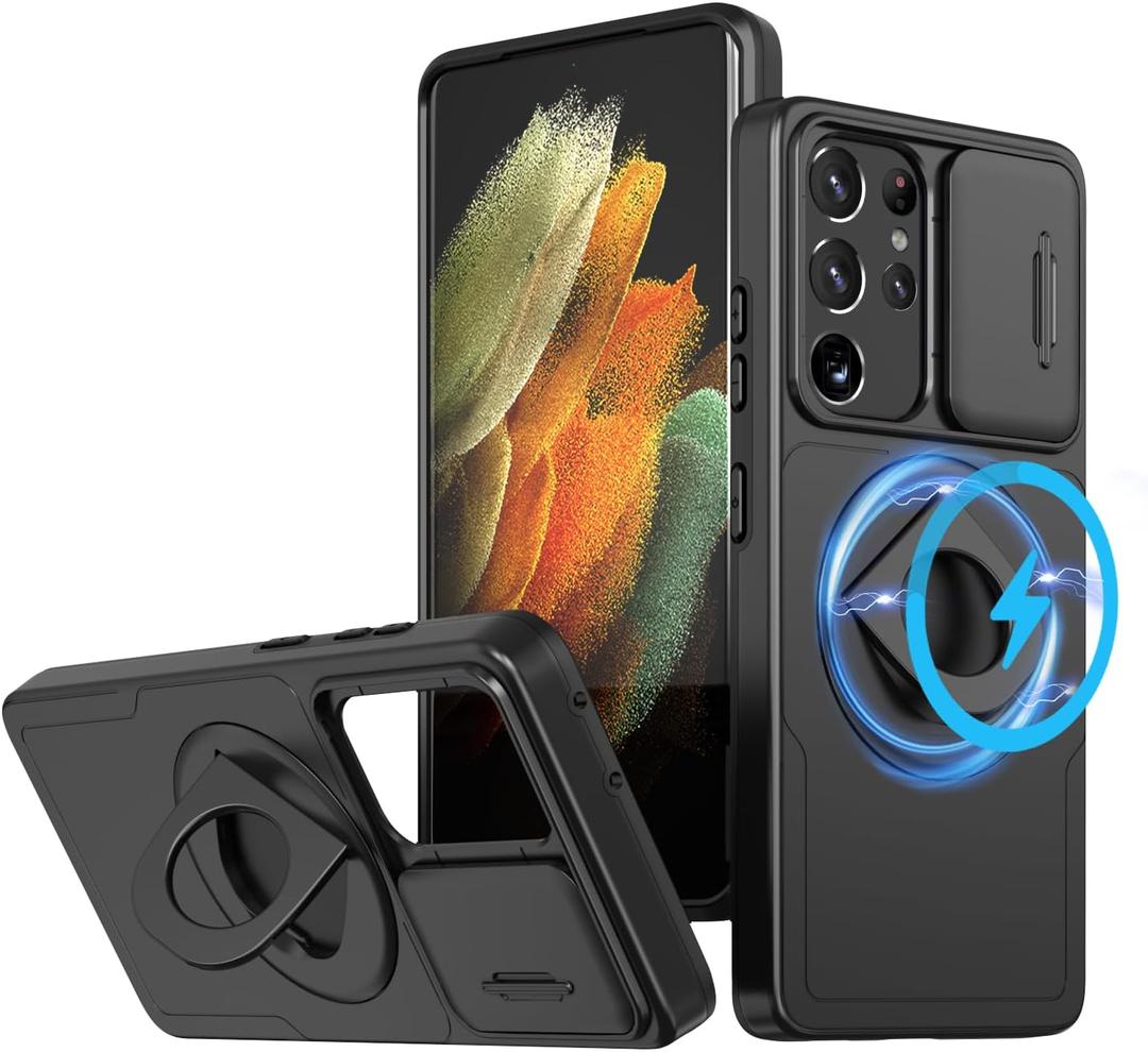 ANNGELAS for Samsung Galaxy S21 Ultra Mag-Safe Kickstand Case with Slide Camera Cover,Slim Shockproof Military Heavy Duty Anti-Drop Full Body Protection,360 Rotating Stand Magnetic Phone Case(Black)