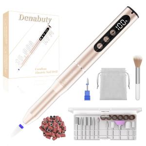 Electric Nail Drill Cordless, 35000RPM Portable Electric Nail File with LCD Display and 12 Nail Drill Bits for Acrylic & Gel Nails, Professional Manicure & Pedicure Kit Set Golden