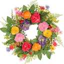 Briful 24 Inch Fall Wreath for Front Door, Autumn Floral Wreath | With Silk Peonies Orange Rose, Berries, for Thanksgiving Harvest Festival, Indoor Outdoor Farmhouse Wall Window Decor