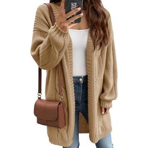 Saodimallsu Womens Fall Cable Long Cardigans Lantern Sleeve Knit Open Front Chunky Loose Fit Sweater Coats, L