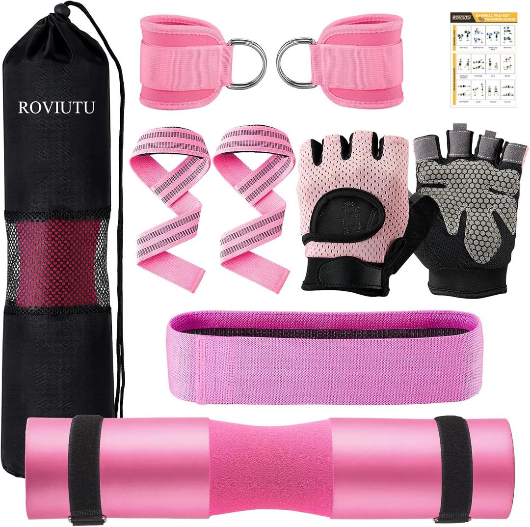 Barbell Pad Set,10 Pcs Barbell Pads for Hip Thrust Squat & Lunges Support,with 2 Workout Ankle Straps, 2 Gym Straps Weight Lifting, 2 Gym Gloves, Resistance Band, Olympic Bar Pad,Carry Bag (Pink)