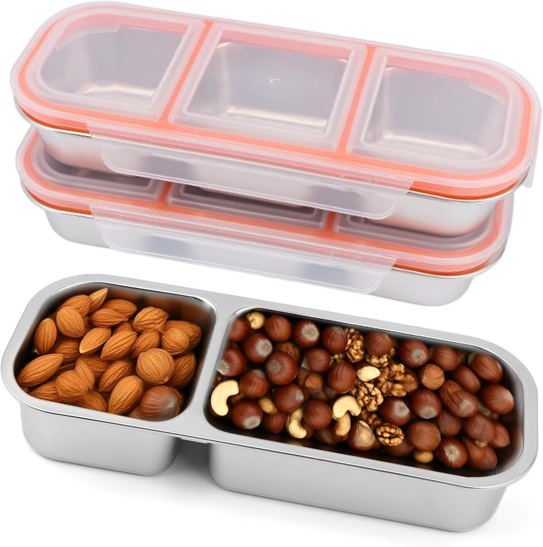 3 Pack Stainless Steel Snack Containers: 1 Piece with 2 Compartments + 2 Pieces with 3 Compartments  Leak-Proof Metal Bento Boxes for Adults, Stackable Lunch Containers Ideal for Daycare and Travel