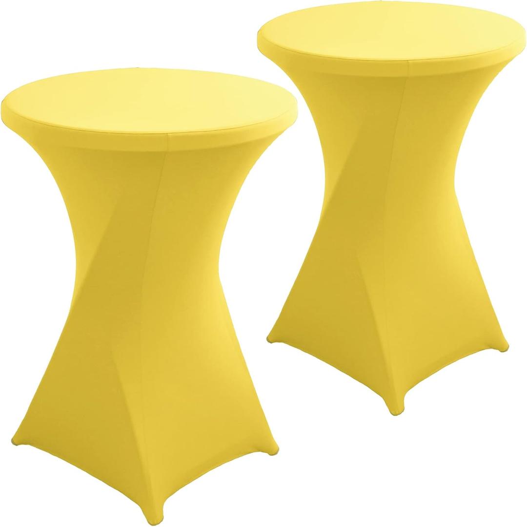 2 Pack 32x43 Inch Yellow Spandex Cocktail Table Covers, Fitted Round Cocktail Tablecloth, Stretch Highboy Table Cover Cloth for Wedding, Party, Banquet, Event