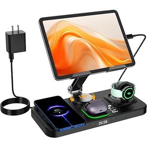 30W Foldable Fast Wireless Charger Stand for Multiple Samsung Device & Android, 6 in 1 Charging Station for Adjustable Tablet Stand with 7-Color Lights/Clock,Watch Charger Only for Galaxy Watch