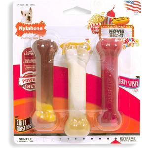 Nylabone Original Bone Power Chew Toy for Dogs, Durable Dog Toys for Aggressive Chewers, Flavor Frenzy Chili Cheese Dog, Popcorn, & Cherry, Small - Up to 25 Ibs, 3 Pack