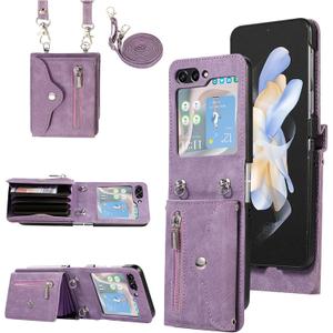 Phone Case for Samsung Galaxy Z Flip 7 5G 2025 Wallet Cover with Shoulder Crossbody Strap Lanyard Credit Slot Card Holder Stand Mobile Cell Accessories ZFlip7 Z7 G Flip7 7Z Women Men Girls Purple