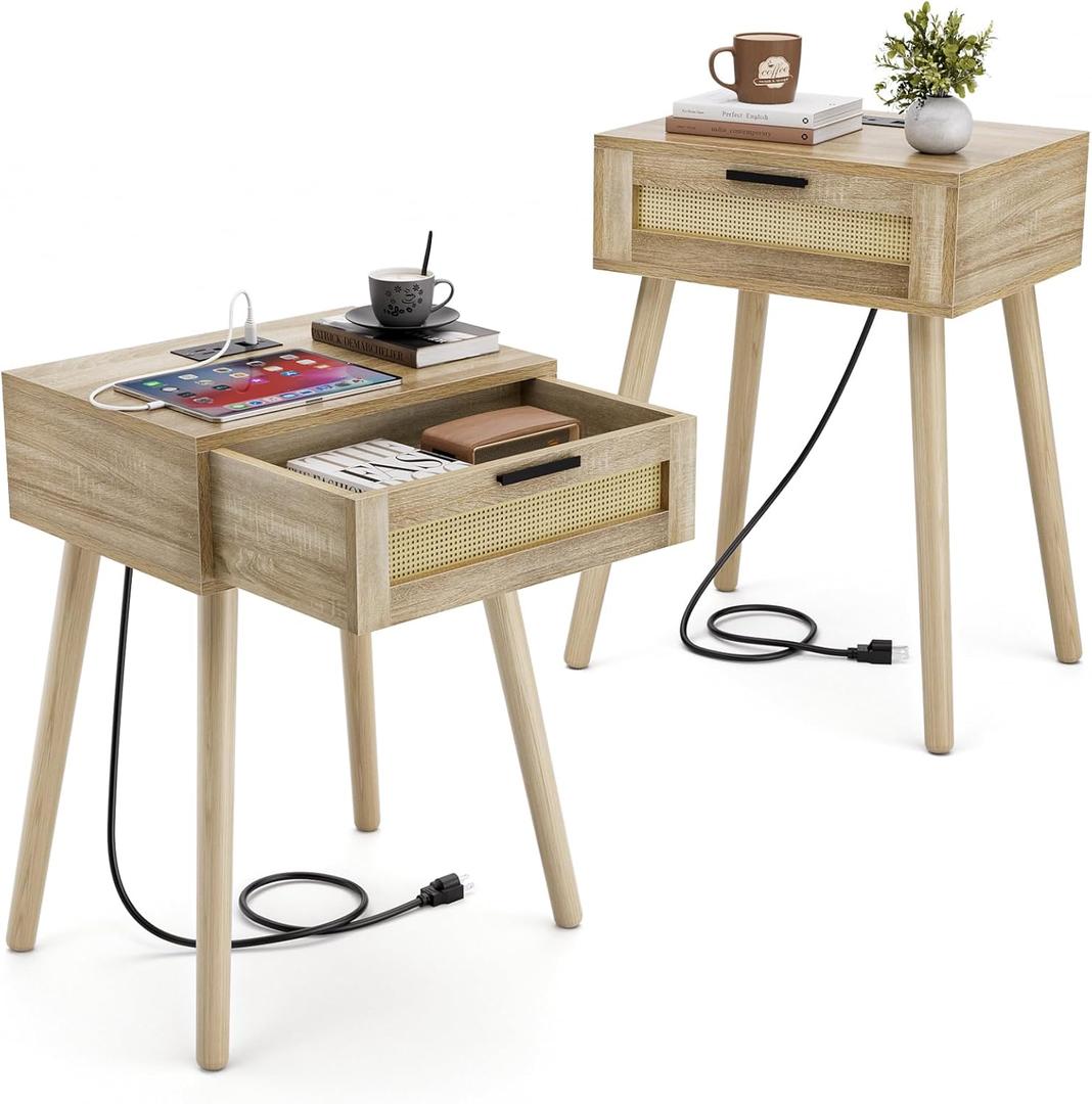 HAIOOU Nightstand with Charging Station Rattan Drawer, Set of 2 Mid Century Modern Side Tables, End Beside Table with Pine Wood Legs Storage for Bedroom Living Room