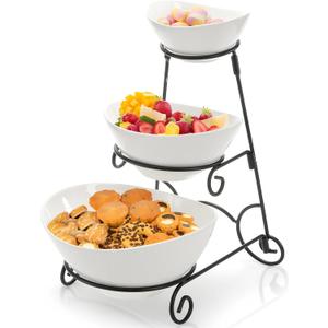 3 Tiered Serving Bowl Stand, Ceramic Chip and Dip Serving Dishes with Collapsible Metal Rack, Appetizer Serving Platters Food Display Stand for Fruit Dessert Parties Entertaining