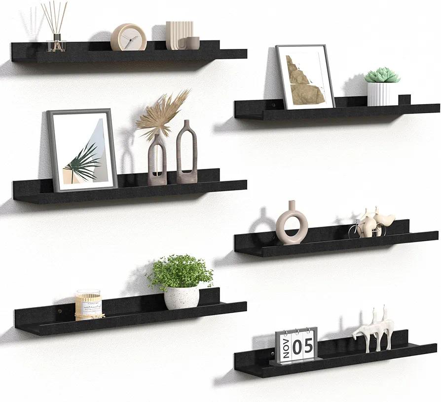 upsimples Floating Shelves for Wall, 23.6 Inch Shelves for Decor Storage Set of 6, Wall Mounted Wood Shelf for Bedroom, Living Room, Bathroom, Kitchen, Long Picture Ledge Shelves, Black