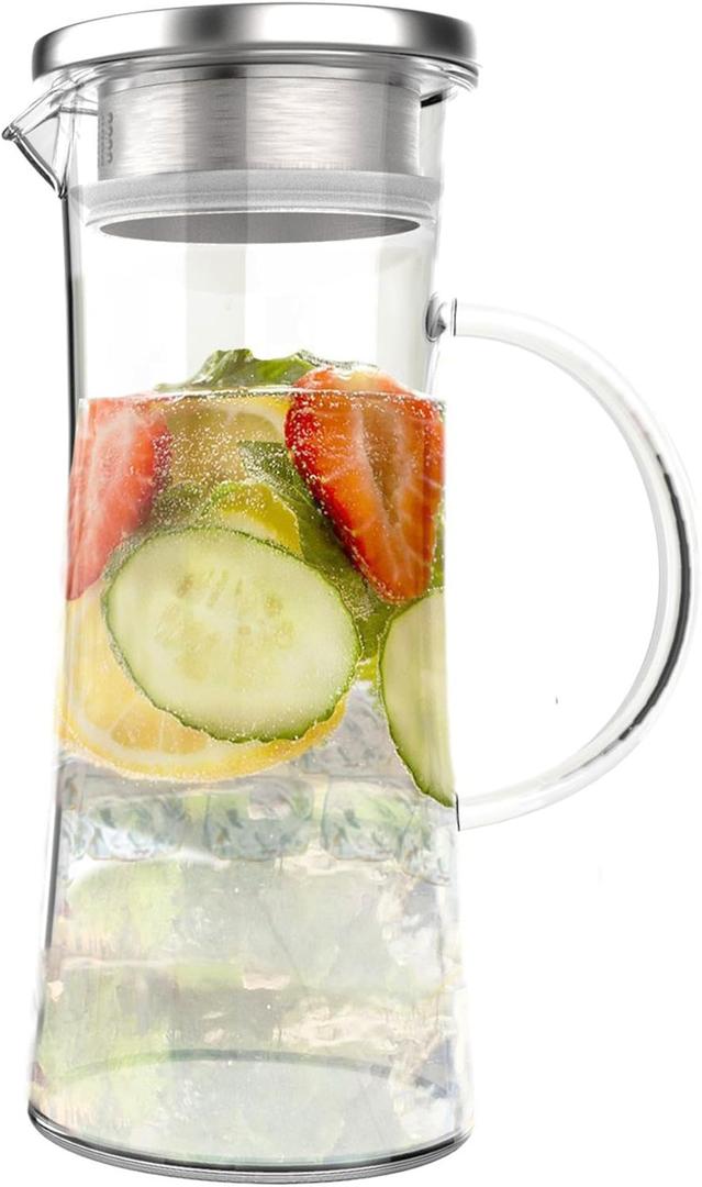 Glass Pitcher - 50-Ounce Carafe with Stainless-Steel Spout Lid - Heat-Resistant for Hot or Cold Brew Coffee, Tea, Punch, and More by Classic Cuisine
