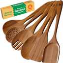 Riveira Brown Bamboo Wooden Cooking Utensils Set of 6 Premium Quality, Non-Toxic, Heat-Resistant Wooden Spoons and Spatula for All Cookware, Set of 2