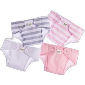 JC Toys Baby Doll 4 Pack Fabric Diapers | Washable, Reusable, Adjustable Eco Diapers | Fits Dolls 14 to 18 inch in Pink/White/Grey