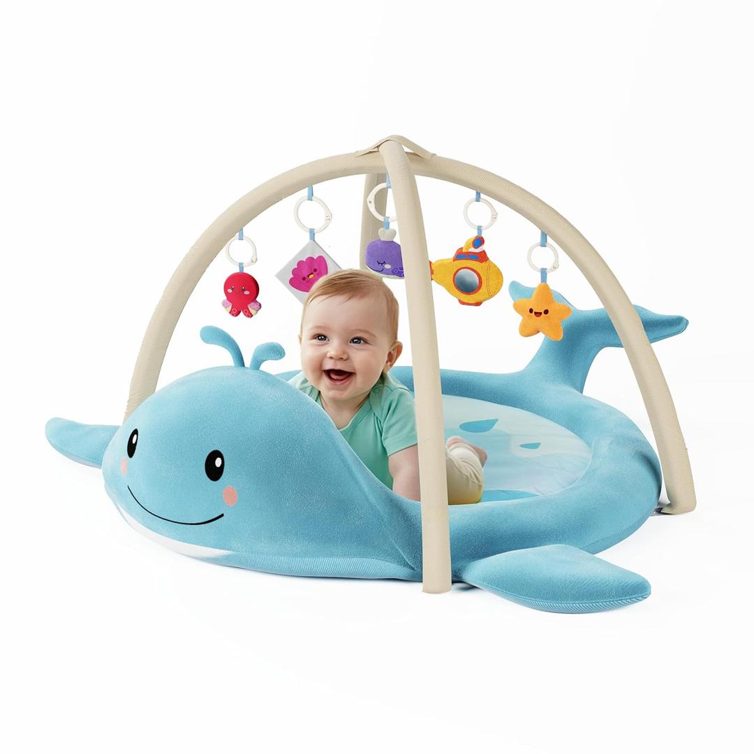 Baby Play Mat, Whale Tummy Time Mat with Toys, Baby Activity Gym for Infants 012 Months  100% Cotton Sensory Floor Mat for Boys & Girls