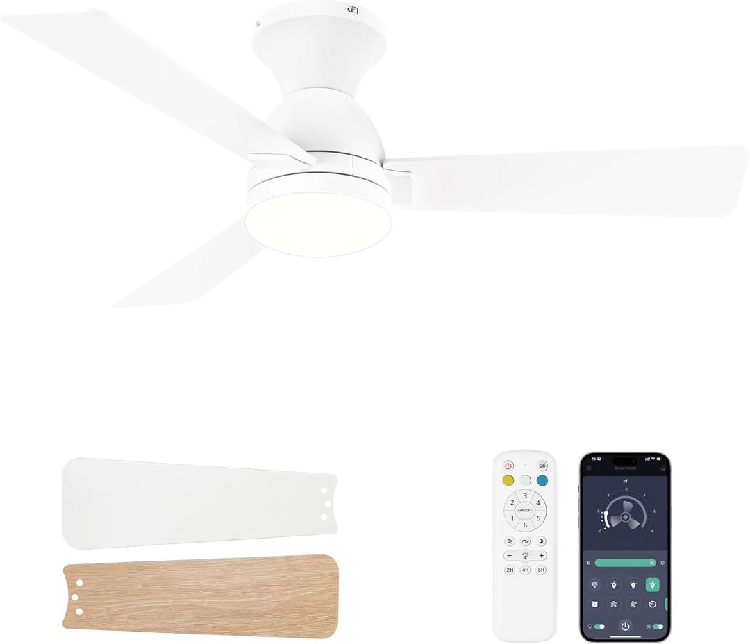 Ceiling Fans with Lights and Remote, 42 Inch Ceiling Fan with Light, Low Profile, Reversible, Dimmable LED, Flush Mount, Quiet, DC Motor, White Ceiling Fan for Bedroom, Kitchen, Dining Room