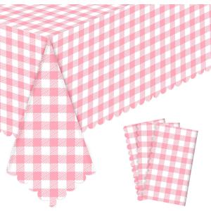 NatNarr 3 Pack Pink Gingham Tablecloths, 54 X 108Inch Scalloped Pink and White Checkered Table Cloth, Disposable Party Table Covers for Wedding Picnic Birthday Baby Bridal Shower Anniversay