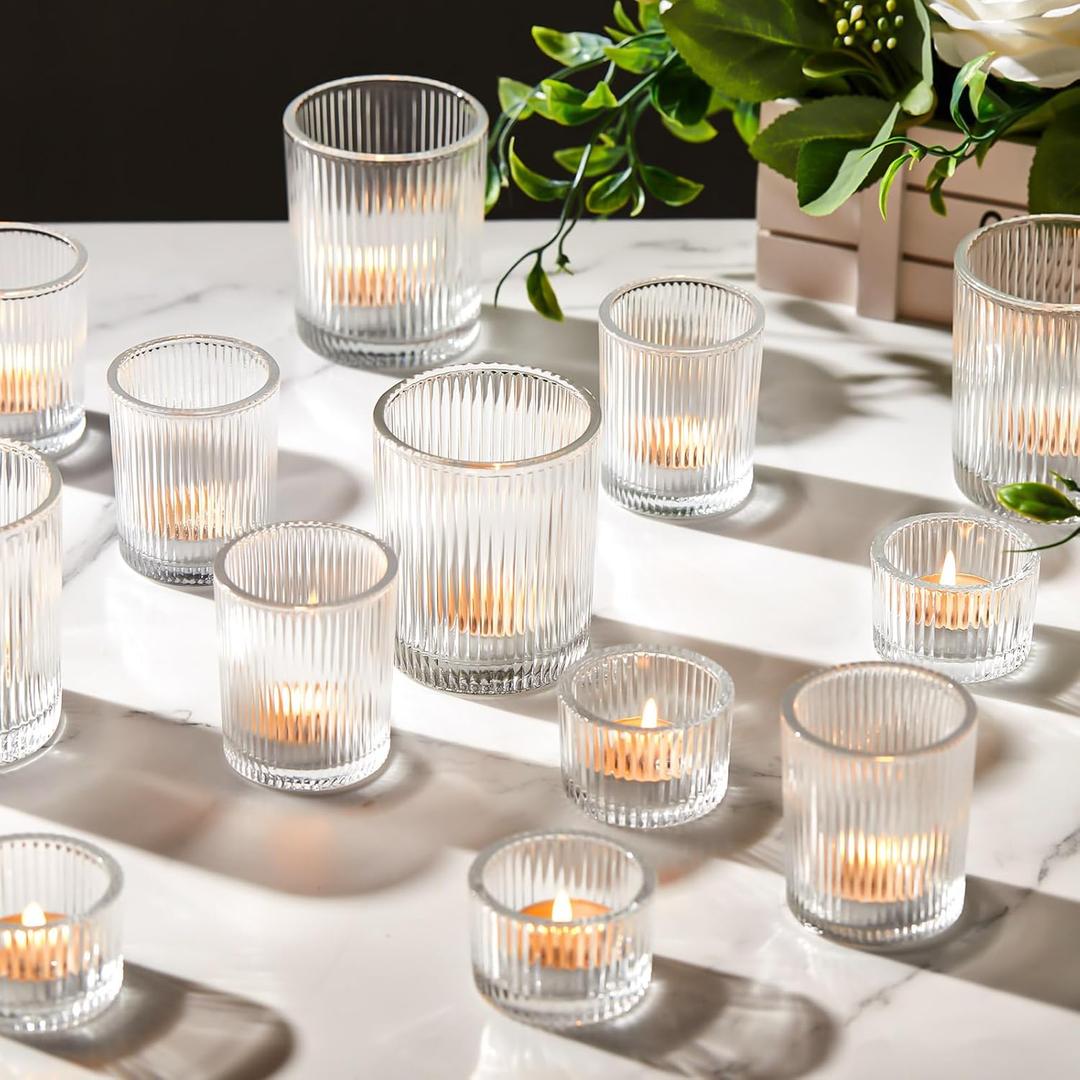 Mumufy 24 Pcs Assorted Votive Candle Holders Ribbed Glass Tealight Candle Holder Bulk for Table Centerpiece, Baby Shower, Home and Wedding Party Decoration (Clear)