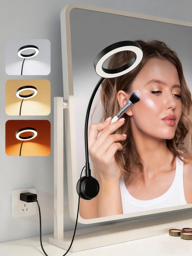 Suction Cup LED Vantiy Lights for Mirror, Flexible Gooseneck Stick on Selfie Ring Light for Makeup Vanity Table & Bathroom Mirror, 3 Color Modes & 10 Brightness, Plug in, Black (17"L x 4.7"W)