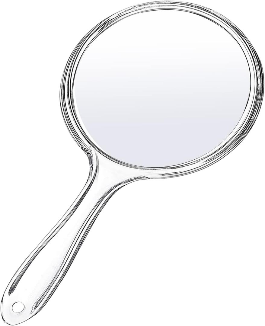 D Handheld Mirror with Handle 3.9" W x 8.3" L Hand Mirror Small Doule Sided Magnifying Mirror 1X 2X, Handle Makeup Mirror, Acrylic Handheld Mirror Rounded Shape, Transparent