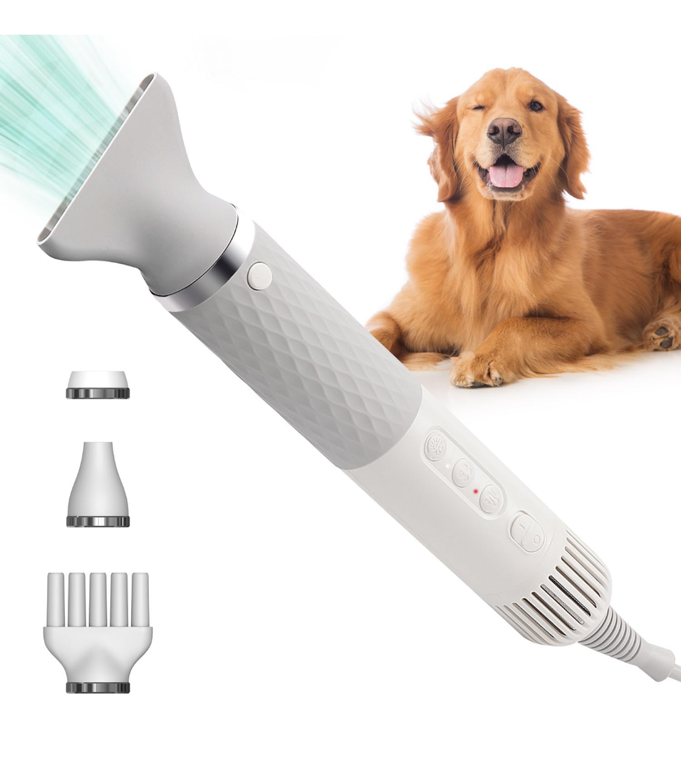 Dog Hair Dryer for Pet Grooming High Velocity Force Blower, Lightweight Portable Dog Dryer for Small Medium Large Dogs Grooming Hair Dryer - 4 Levels Temperature 3 Blow Speed 4 Nozzle White