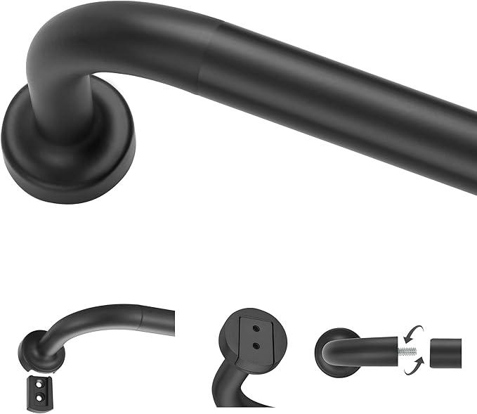 Black Curtain Rods for Windows 100-150",1 Inch Disc Wrap Around Curtain Rod with Aluminum Finials and Brackets,No Screw Disassembly Adjustable Blackout Curved Room Darkening Curtain Rod