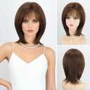 RENERSHOW Layered Mid-length Brown Bob Wig with Bangs Straight 12 inch Synthetic Hair Wigs for Women Mix Color Natural Average Size Daily Party Wig