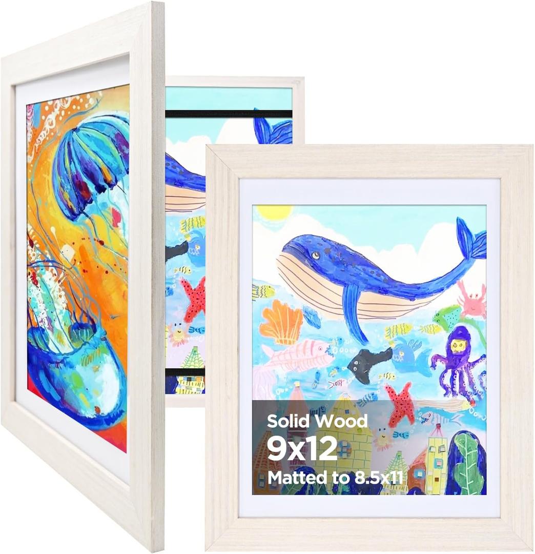 KINLINK 9x12 Kids Art Frames Set of 2, Solid Wood Kids Artwork Frames Changeable with Acrylic Front Opening Holds 150 Pictures, Art Frames for Kids Artwork with Mat or without Mat, White Wood