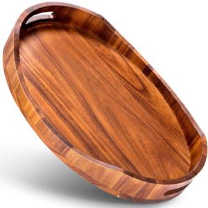 HouseJoy Acacia Wood Serving Tray with Handles, Decorative Ottoman Tray Platter for Breakfast in Bed, Living Room, Coffee Table, Lunch, Dinner, Bathroom, Candle Display,16.5"x13" (1pcs)