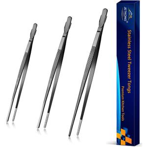 JETKONG Kitchen Tweezers Stainless Steel Food Tweezers Professional Chef Tweezer Kitchen Tools, Set of 3 (7 9 12 Inch, Black)