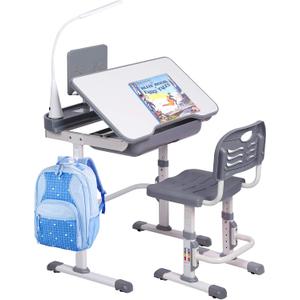 Kids' Desk and Chair Set, Height Adjustable Child's School Study Writing Tables with Tilt Desktop, LED Light, Storage Drawer, Book Stand(Grey)