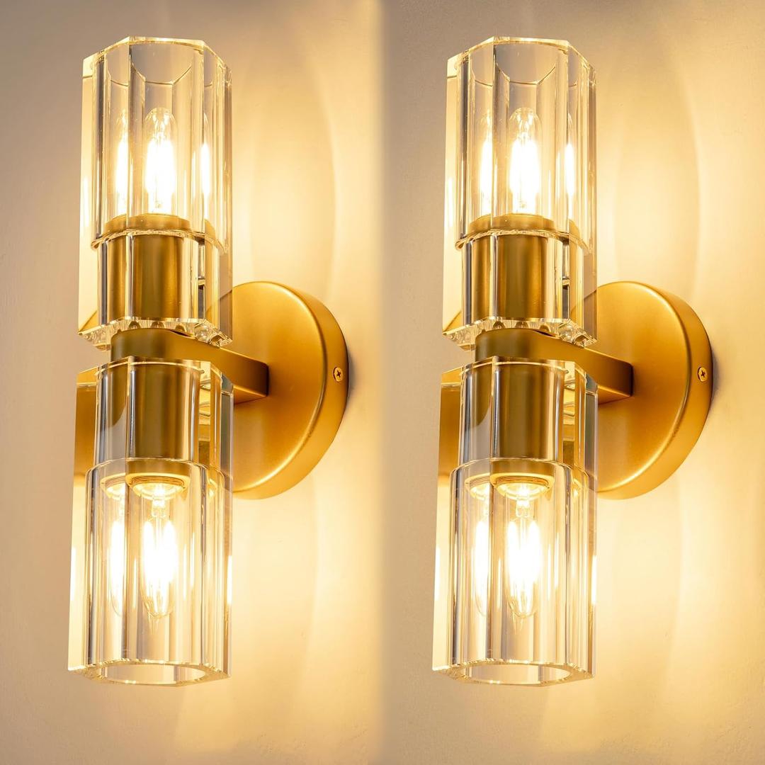 Gold Crystal Wall Sconces Set of Two, Wall Sconce Set of 2, Brass Sconces Wall Lighting with K9 Crystal Lampshade, Wall Lights for Bedroom Living Room Bathroom Hallway