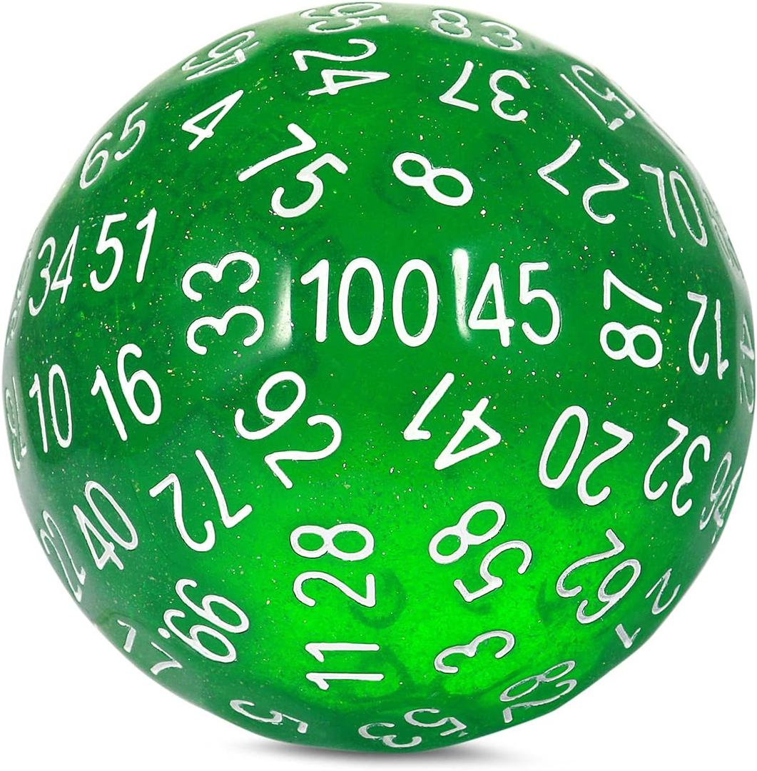 DNDND D100 Die Glitter Green 100 Sided Dice Set with Translucent Pouch for Dungeons and Dragons(Chameleon Green with White Number)