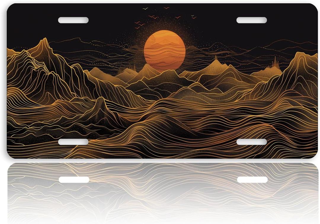 Mountain Golden Sun Front License Plate for Women Black Gold Car Plates Decorative Aluminum Metal Cute Novelty License Plate Cover for Men 6x12 Inch (4 Holes)