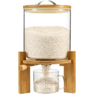 Rice Dispenser, Rice Storage ContainerFlour and Cereal Container with Airtight Lid and Wooden Stand, Glass Food Storge Container for Kitchen Organization and Pantry Store (5L)