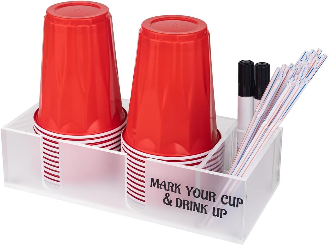 Acrylic Cup Holder with Marker Slot, Double Cup Organizer,with 2 Black Marker Pens,Straw Holder,Mark Your Cup and Drink Up,Party Cup Dispenser Home Farmhouse Bar Party Decor.