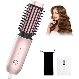 Portable Curling Iron, Bestauty 1.5" Cordless Hair Curler, 2 in 1 Travel Hair Curler & Hair Straightener Brush, Quick Heating 4 Adjustable Temperature 300F-410F for Curl/Smooth/Fluffy/Flip-Out Pink