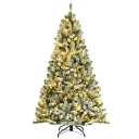 Pre-lit Snow Flocked Hinged Christmas Tree w Tips & Metal Stand