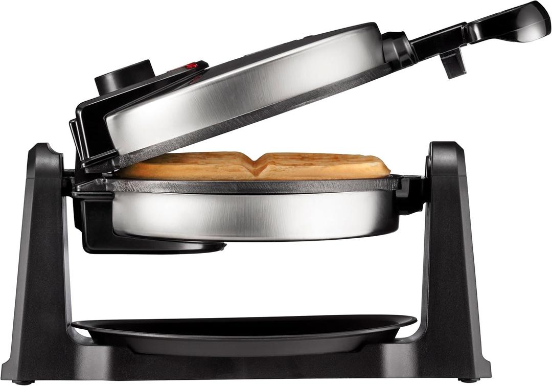 Chefman Rotating Belgian Waffle Maker, 180° Flip Iron w/ NonStick Plates, Adjustable Timer, Locking Lid, & Drip Plate, Space Saving Storage, MessFree Breakfast, Stainless Steel/Black