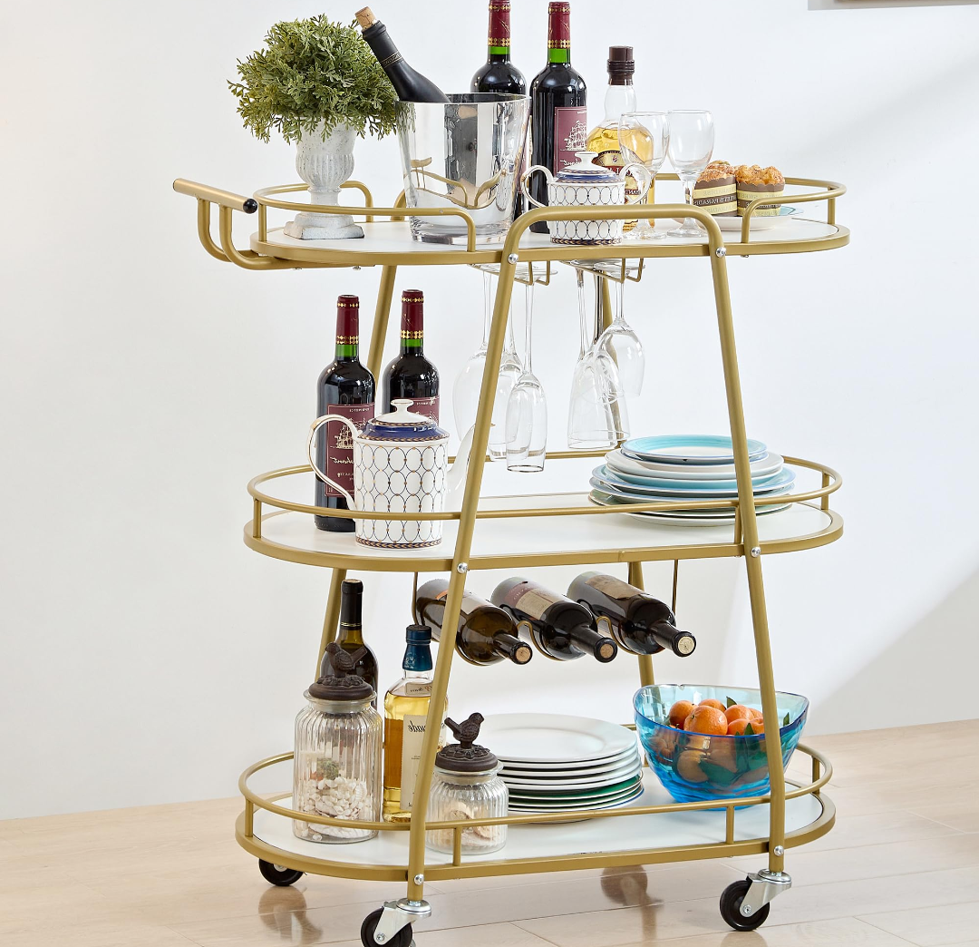 J-yaamiZz White 3 Tiers Bar Cart, Home Bar Serving Cart on Lockable Wheels, Rolling Alcohol Cart with Guardrail Wine Rack, Modern Wine Cart for Home Kitchen Dining, Living Room, Medium